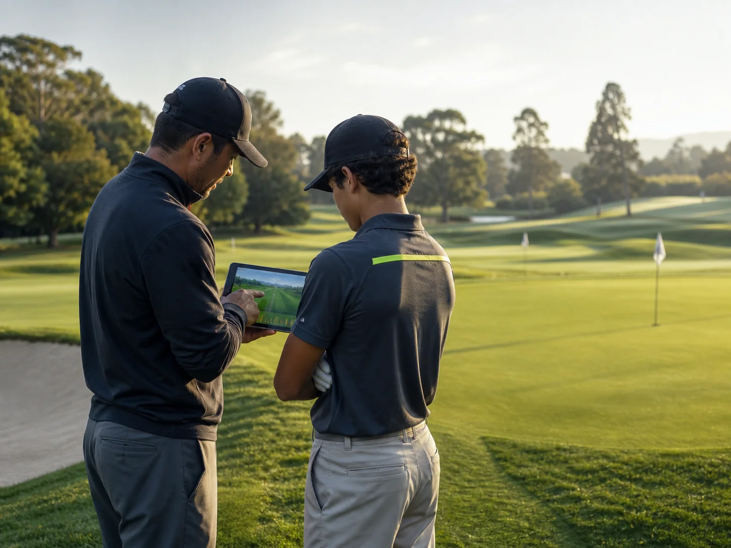Coach and junior player reviewing golf performance data