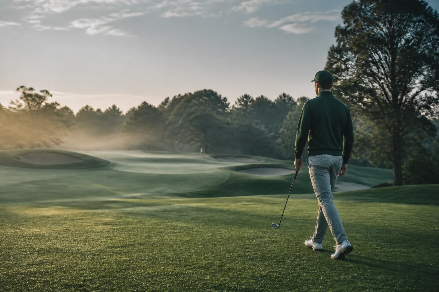 Golfer walking toward the green during a focused early-morning round